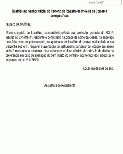 Modelo de Petição Averbação de Contrato de Locação para Plena Eficácia da Cláusula do Direito de Preferência