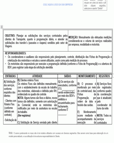 Modelo de Instrução de Trabalho - Processo da Qualidade - Atender Programação de Serviços de Transportes