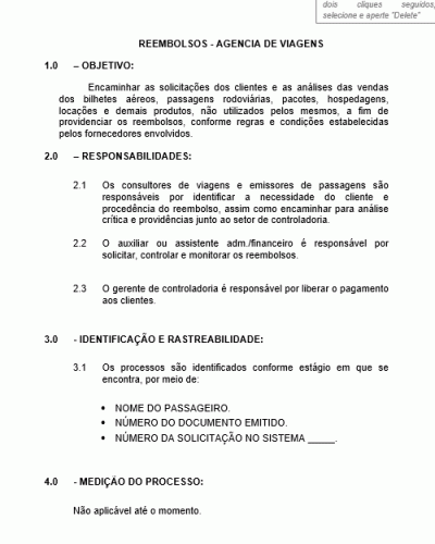 Modelo de Instrução de Trabalho - Processo da Qualidade - Reembolsos - Agencia de Viagens