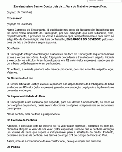 Modelo de Petição Embargos do Devedor - Processo do Trabalho - Novo CPC Lei nº 13.105.15