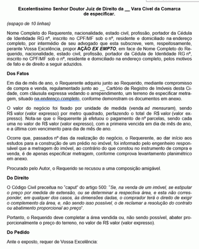 Modelo de Petição Ação Ex Empto - Novo CPC Lei n° 13.105.15