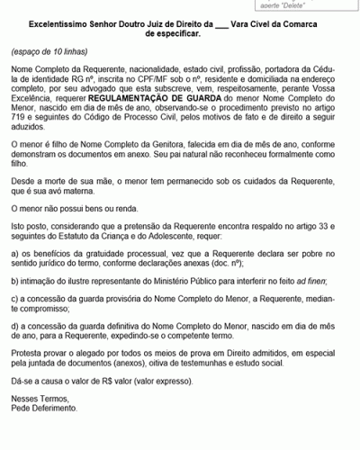 Modelo de Petição Ação de Guarda pelo Rito da Jurisdição Voluntária - Novo CPC Lei nº 13.105.15