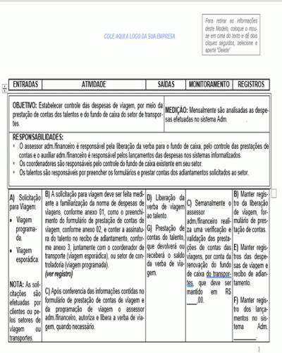 Modelo de Instrução de Trabalho - Processo da Qualidade - Reembolso Despesas - Prestação de Contas de Viagens