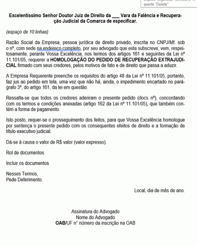 Modelo de Petição Recuperação Extrajudicial com Adesão dos Credores