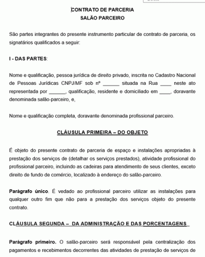 Modelo de Contrato de Parceria entre Salão Parceiro e profissional parceiro