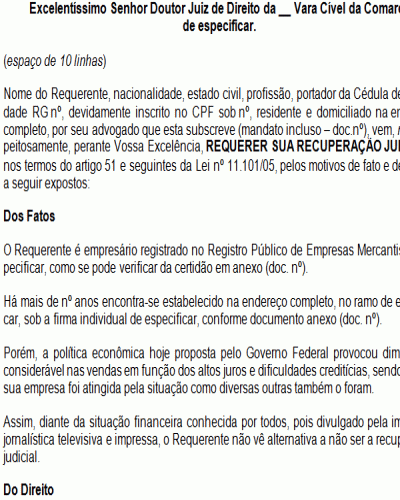 Modelo de Petição Inicial de Recuperação Judicial - Novo CPC Lei nº 13.105.2015