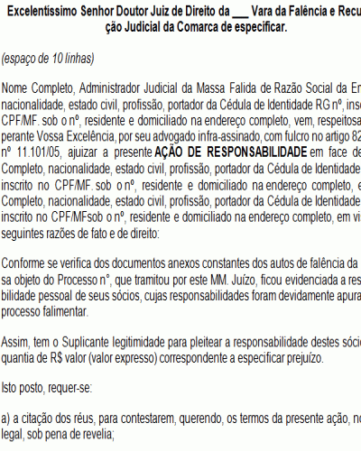 Modelo de Petição Ação de Responsabilidade dos Sócios da Empresa Falida - Novo CPC Lei nº 13.105.2015