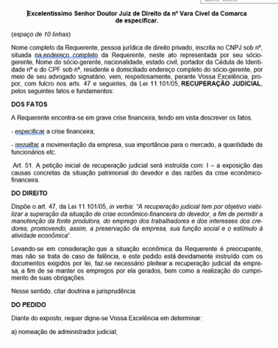 Modelo de Petição Recuperação Judicial de Empresa I - Novo CPC Lei nº 13.105.2015