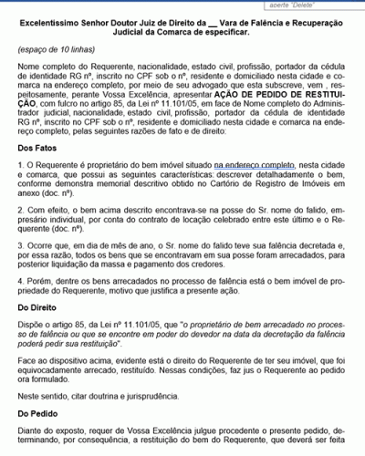 Modelo de Petição Pedido de Restituição - Lei de Falências - Novo CPC Lei nº 13.105.2015