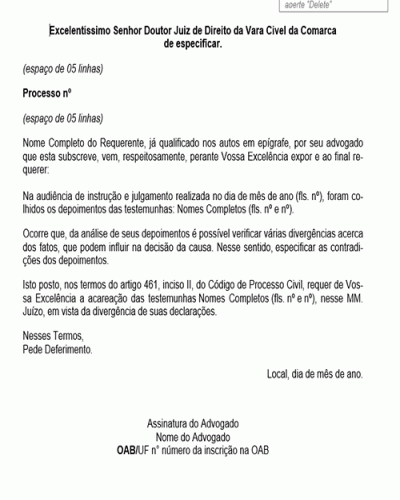 Modelo de Petição Acareação de Testemunha - Novo CPC - Lei nº 13.105.15