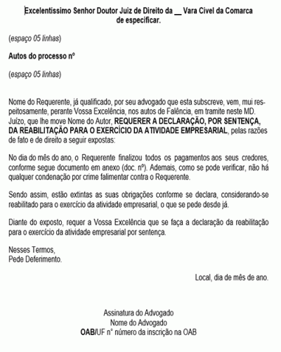 Modelo de Petição Pedido de Reabilitação do Falido - Novo CPC Lei nº 13.105.2015