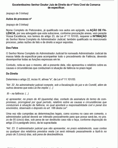 Modelo de Petição Intimação do Administrador Judicial - Falência - Novo CPC Lei nº 13.105.2015