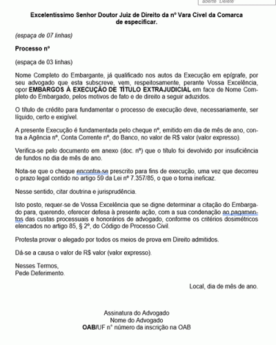 Modelo de Petição Embargos à Execução de Título Extrajudicial - Título Prescrito - Novo CPC - Lei nº 13.105.15