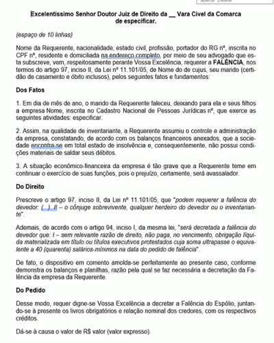 Modelo de Petição Pedido de Falência pelos Herdeiros por Impontualidade - Novo CPC Lei nº 13.105.2015