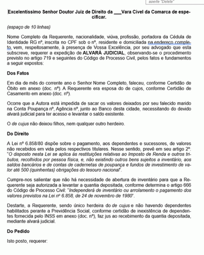 Modelo de Petição Alvará Judicial para Levantamento de Saldo de Poupança Deixada por de Cujus - Novo CPC Lei nº 13.105.15