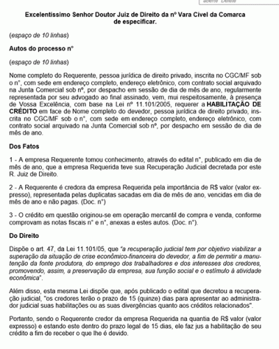 Modelo de Petição Pedido de Habilitação na Recuperação Judicial - Novo CPC Lei nº 13.105.2015