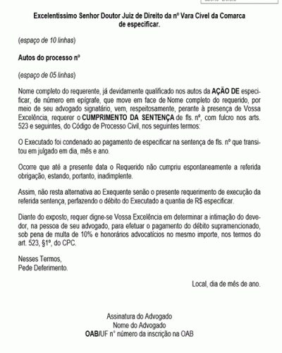 Modelo de Petição Execução Fundada em Título Judicial - Cumprimento da Sentença - Novo CPC Lei nº 13.105.2015