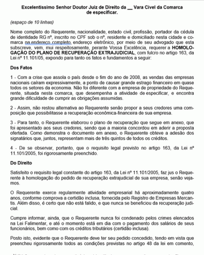 Modelo de Petição Homologação do Plano de Recuperação Extrajudicial - Novo CPC Lei nº 13.105.2015