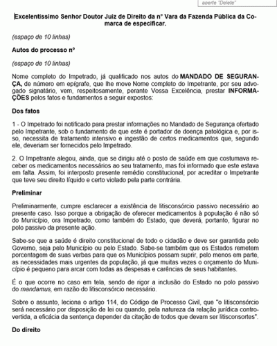 Modelo de Petição Mandado de Segurança - Informações - Litisconsórcio Passivo Necessário - Novo CPC Lei nº 13.105.2015