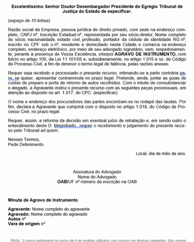 Modelo de Petição Agravo de Instrumento - Diminuição do Termo Legal de Falência - Novo CPC Lei nº 13.105.2015