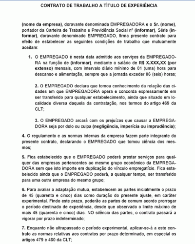 Modelo de Contrato de Experiência - 45 Dias com Prorrogação de 45 dias - Clausulas de Condições de Trabalho - Modelo 2