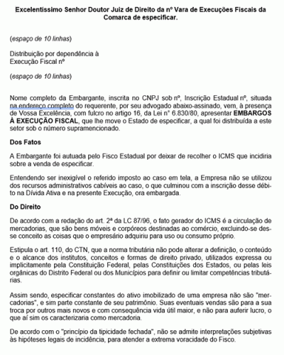 Modelo de Petição Embargos à Execução Fiscal - Novo CPC Lei nº 13.105.2015