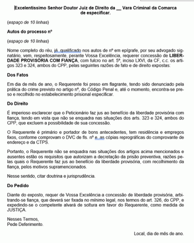 Modelo de Petição Liberdade Provisória com Fiança