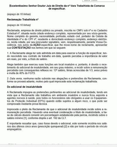 Modelo de Petição Contestação - Adicional de Insalubridade - Novo CPC Lei nº 13.105.2015