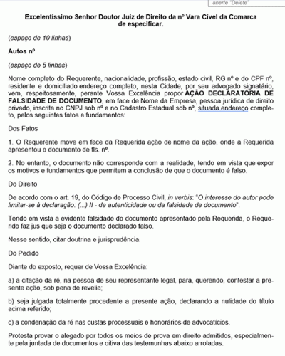 Modelo de Petição Declaratória - Falsidade de Documento - Novo CPC Lei nº 13.105.15