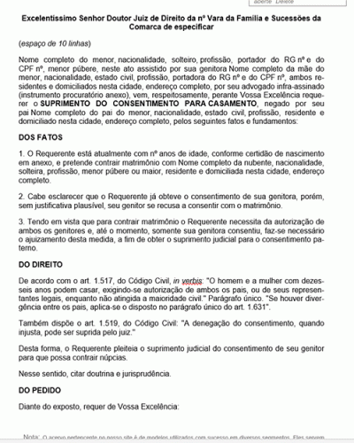 Modelo de Petição Suprimento do Consentimento para Casamento