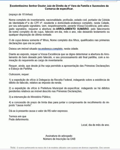 Modelo de Petição Arrolamento Sumário - Novo CPC Lei nº 13.105.15