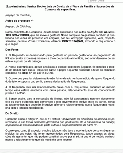 Modelo de Petição Alimentos Gravídicos - Contestação - Novo CPC Lei nº 13.105.2015