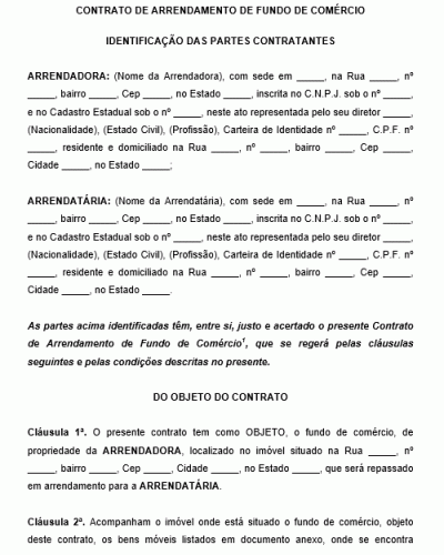 Modelo de Contrato de Arrendamento de Fundo de Comércio