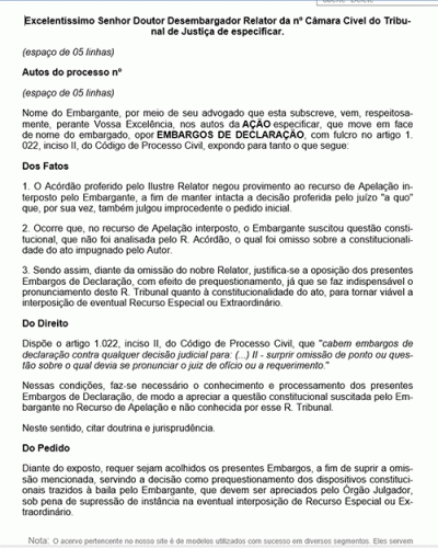 Modelo de Petição Embargos Declaratórios - Omissão de Acórdão - Prequestionamento - Novo CPC Lei nº 13.105.2015