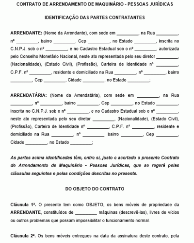 Modelo de Contrato de Arrendamento de Maquinário