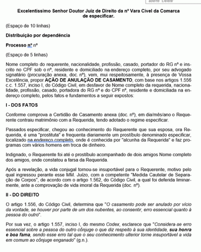 Modelo de Petição Anulação de Casamento - Prostituição - Novo CPC Lei nº 13.105.15