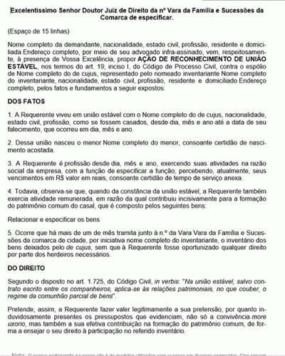 Modelo de Petição Reconhecimento de União Estável para Participação em Inventário - Novo CPC Lei nº 13.105.15