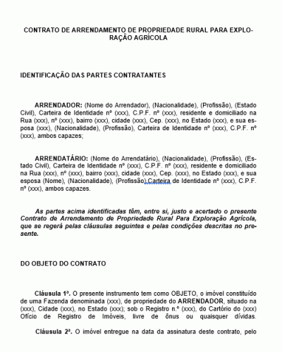 Modelo de Contrato de Arrendamento de Propriedade Rural para Exploração Agrícola