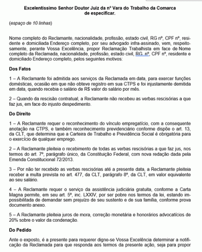 Modelo de Petição Reclamação Trabalhista - Empregado(a) Doméstico(a)