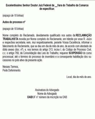 Modelo de Petição Pedido de Suspensão do Processo Trabalhista por Morte do Autor - Novo CPC Lei nº 13.105.2015