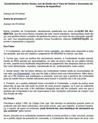 Modelo de Petição Alimentos Requeridos pela Neta - Contestação - Novo CPC Lei nº 13.105.2015