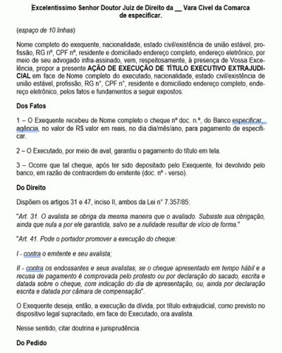 Modelo de Petição Execução de Cheque Contra Avalista - Novo CPC Lei nº 13.105.2015