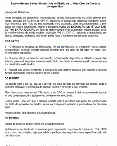 Modelo de Petição Execução de Título Extrajudicial - Cheque - Novo CPC Lei nº 13.105.2015