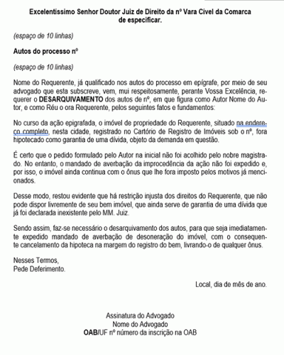 Modelo de Petição Desarquivamento para Expedição de Mandado de Averbação de Desoneração de Imóvel - Novo CPC Lei nº 13.105.2015