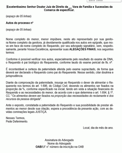 Modelo de Petição Investigação de Paternidade - Alegações finais - Exame positivo - Novo CPC Lei nº 13.105.2015