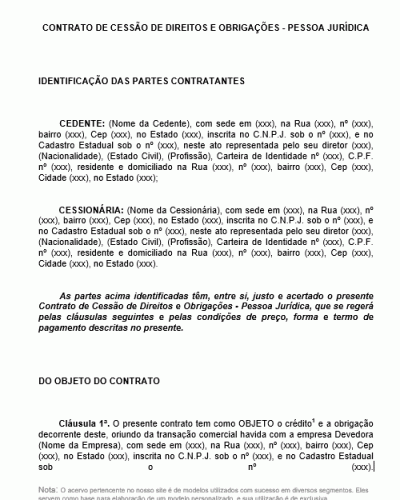 Modelo de Contrato de Cessão de Direitos e Obrigações