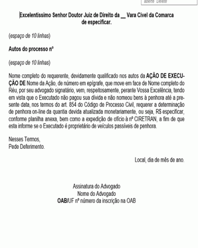 Modelo de Petição Execução - Requerimento de Penhora On-line - Novo CPC Lei nº 13.105.2015