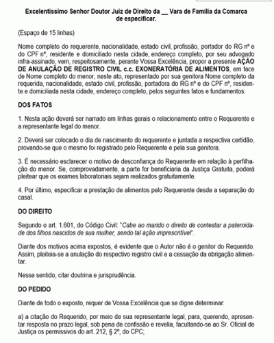 Modelo de Petição Anulação do Registro Civil c.c Exoneratória de Alimentos - Novo CPC Lei nº 13.105.15