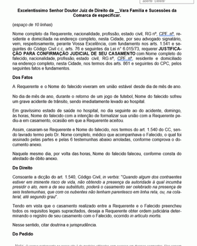 Modelo de Petição Confirmação Judicial de Casamento - Nubente Falecido - Novo CPC Lei nº 13.105.15