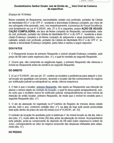 Modelo de Petição Adjudicação Compulsória - Direito de Preferência não Respeitado - Novo CPC Lei nº 13.105.15